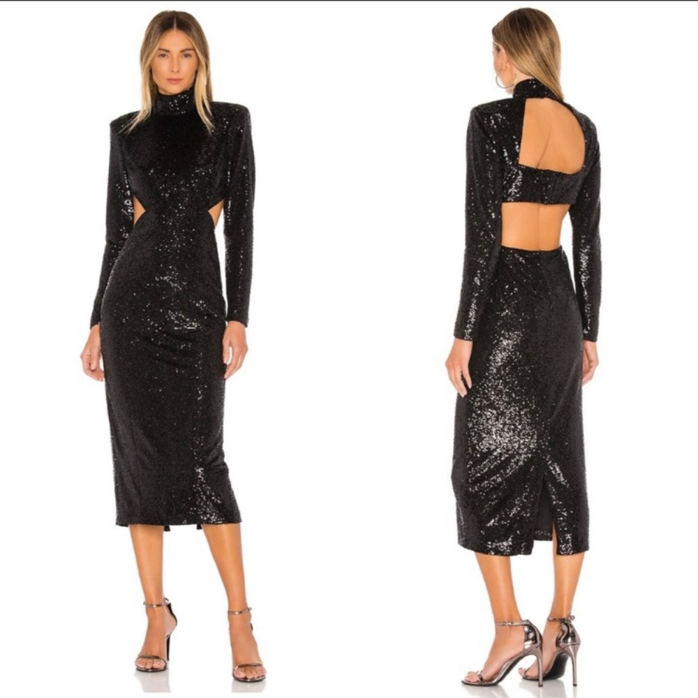 NWT Cinq A Sept Daniela Cutout Sequin Midi Open Back Dress In Black Size 0